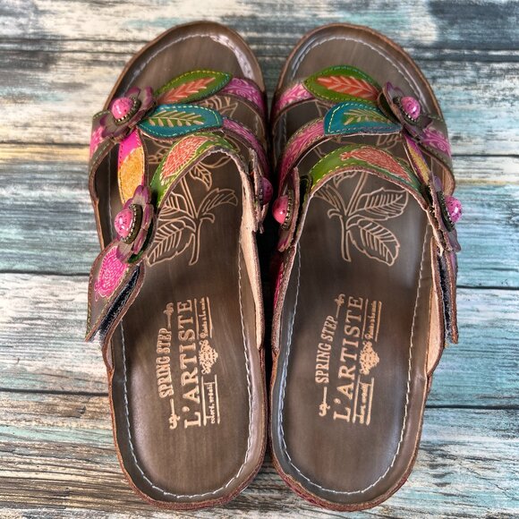 Spring Step L'Artiste Pillow Slide Sandals Womens Size 7.5-8 Gray Leather Floral - Picture 5 of 11